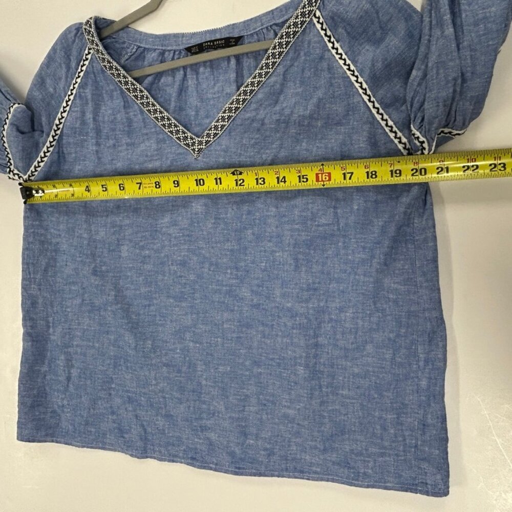 Zara Basic Blue Peasant Top Medium Boho Embroider… - image 5